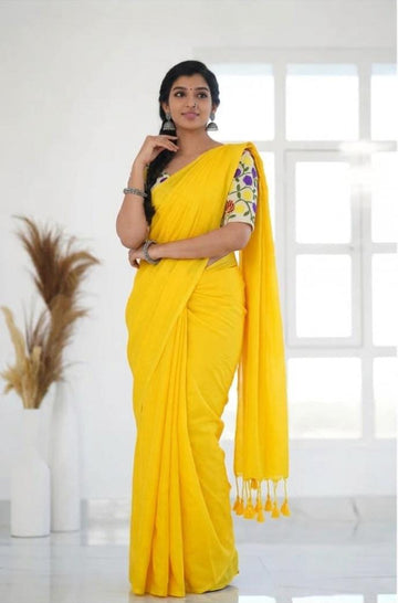YELLOW Handloom Khadi Cotton Saree  Whith Pichhvay Embroidery  Blouse Piece