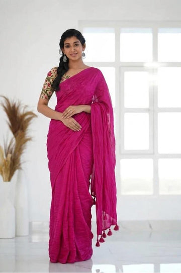 Rani Pink Handloom Khadi Cotton Saree  Whith Pichhvay Embroidery  Blouse Piece