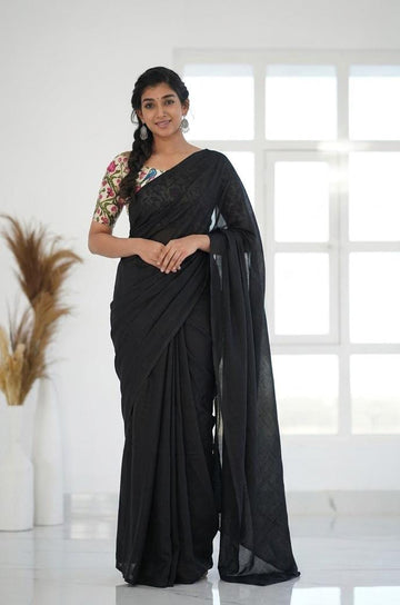 Black Handloom Khadi Cotton Saree  Whith Pichhvay Embroidery  Blouse Piece