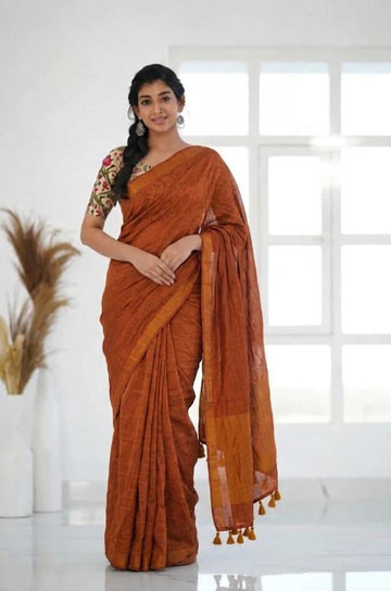 Orange Handloom Khadi Cotton Saree  Whith Pichhvay Embroidery  Blouse Piece