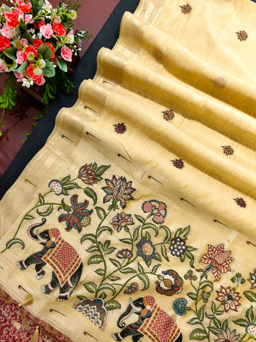 Premium Soft moga cotton paithani  Yellow saree