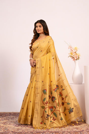 Premium Soft moga cotton paithani  Yellow  sare