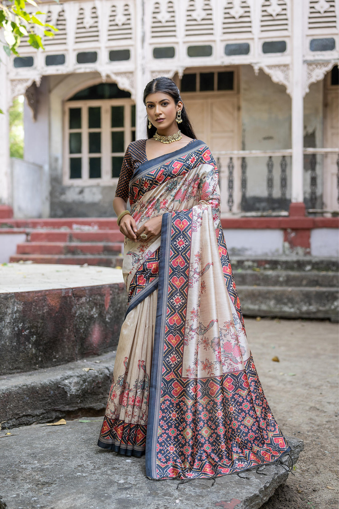 Soft Tussar Silk White Royal Blue Saree