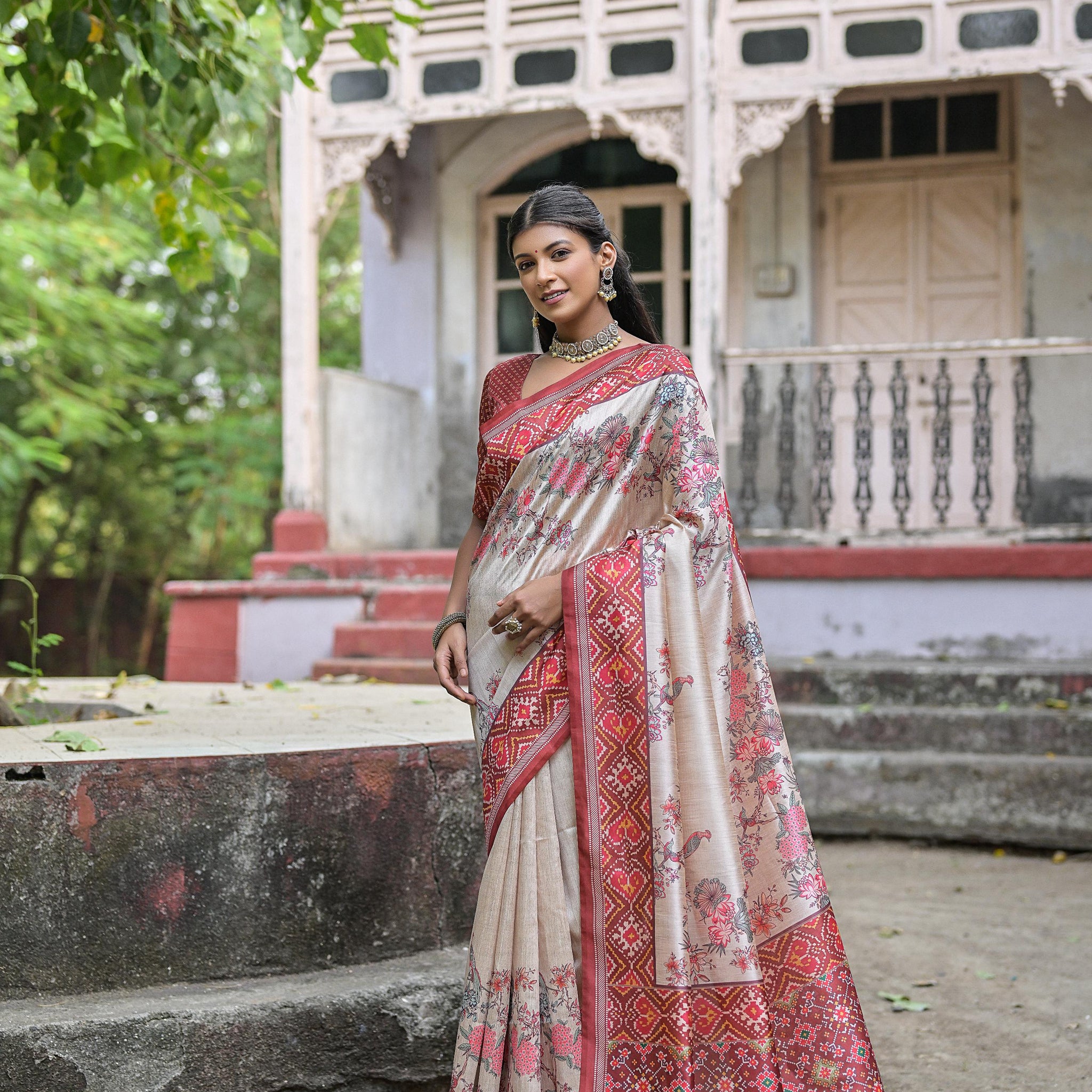 Soft Tussar Silk White Red Saree