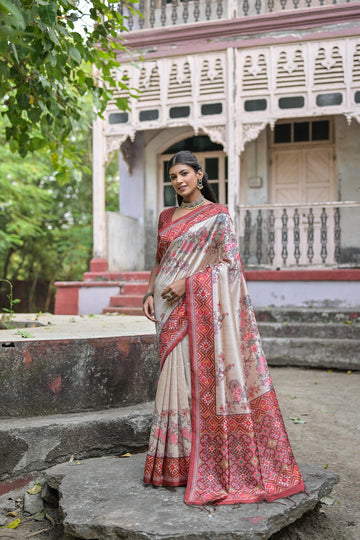 Soft Tussar Silk White Red Saree
