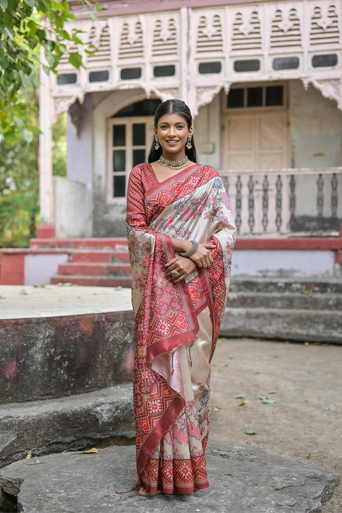 Soft Tussar Silk White Red Saree