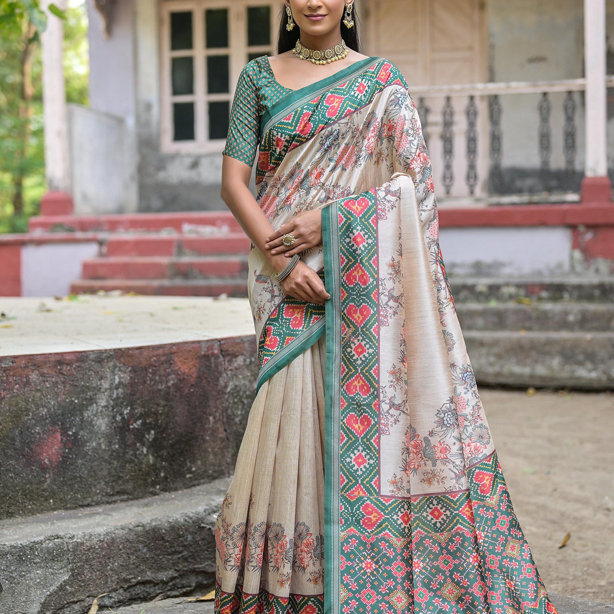 Soft Tussar Silk White Green Saree