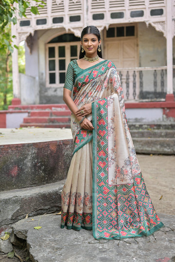 Soft Tussar Silk White Green Saree