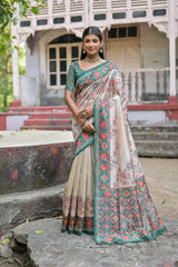 Soft Tussar Silk White Green Saree