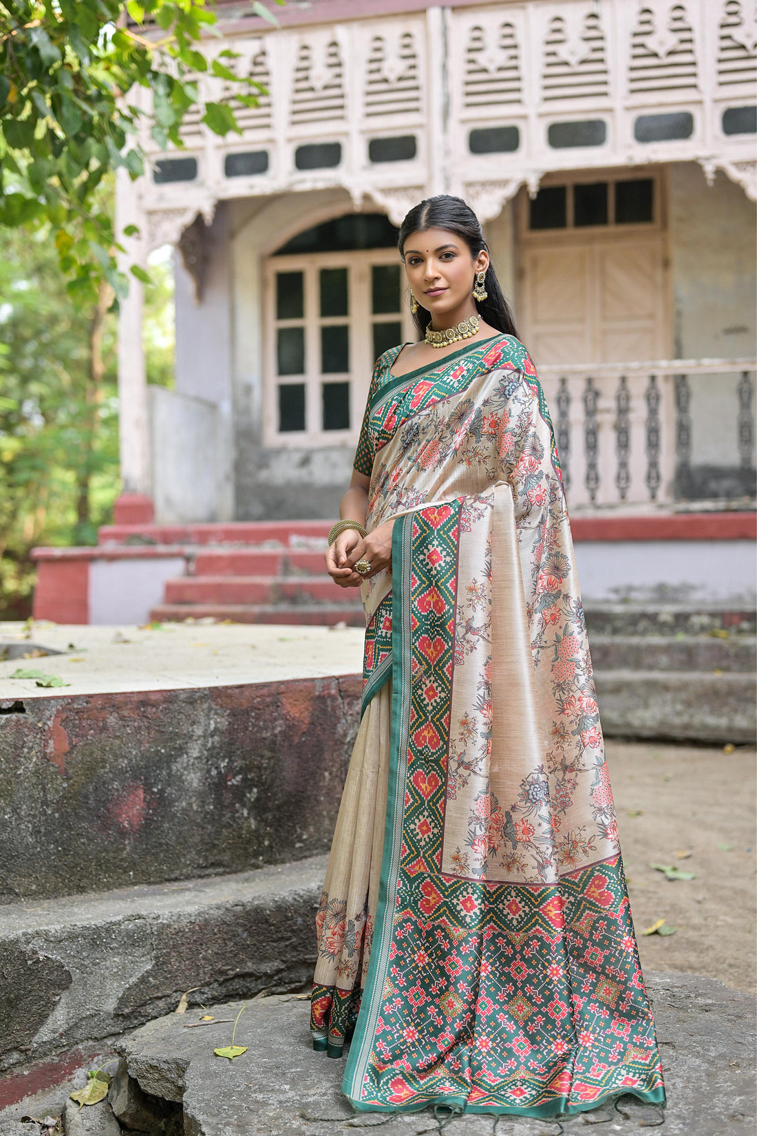 Soft Tussar Silk White Green Saree
