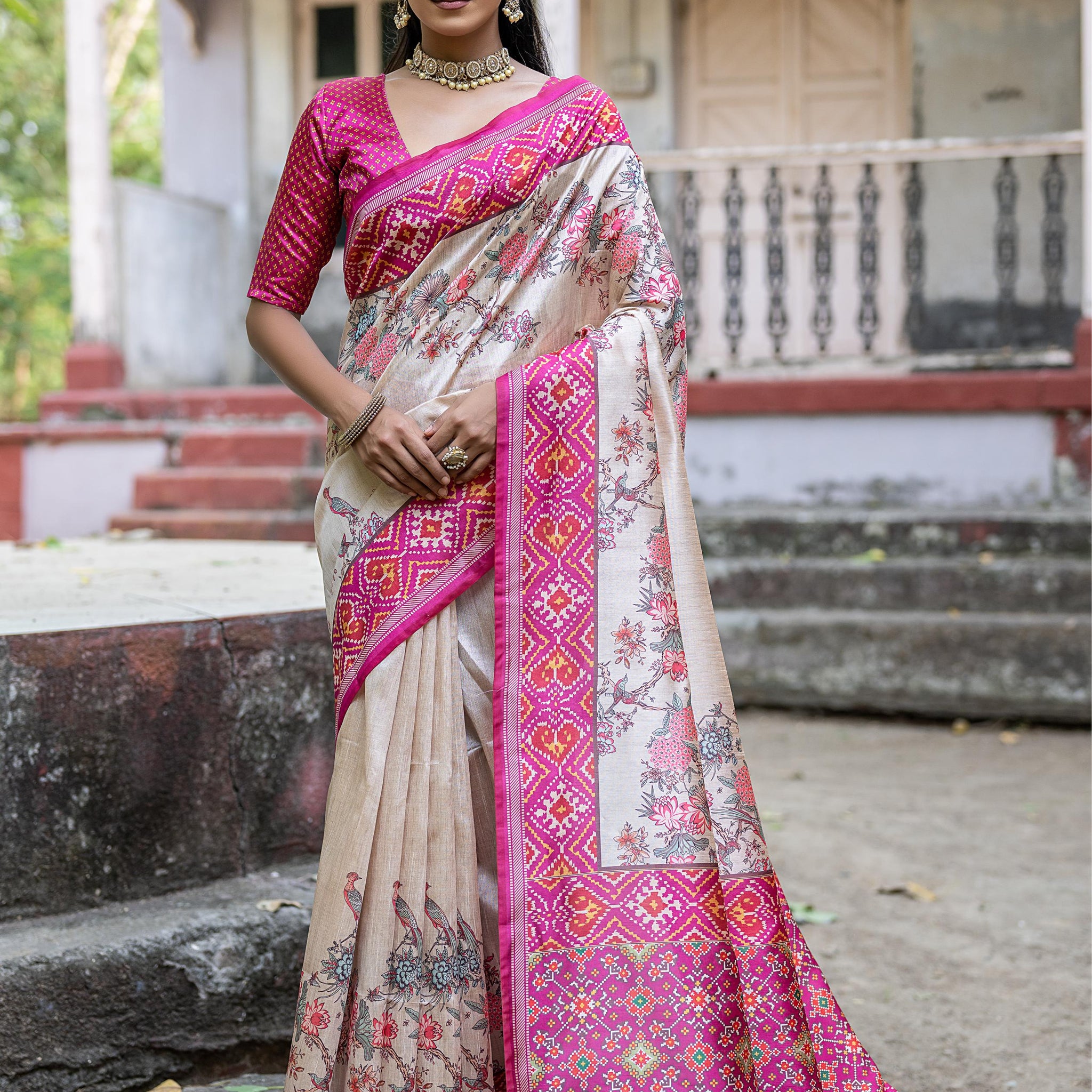 Soft Tussar Silk White Rani Pink Saree