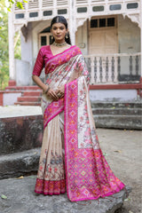 Soft Tussar Silk White Rani Pink Saree