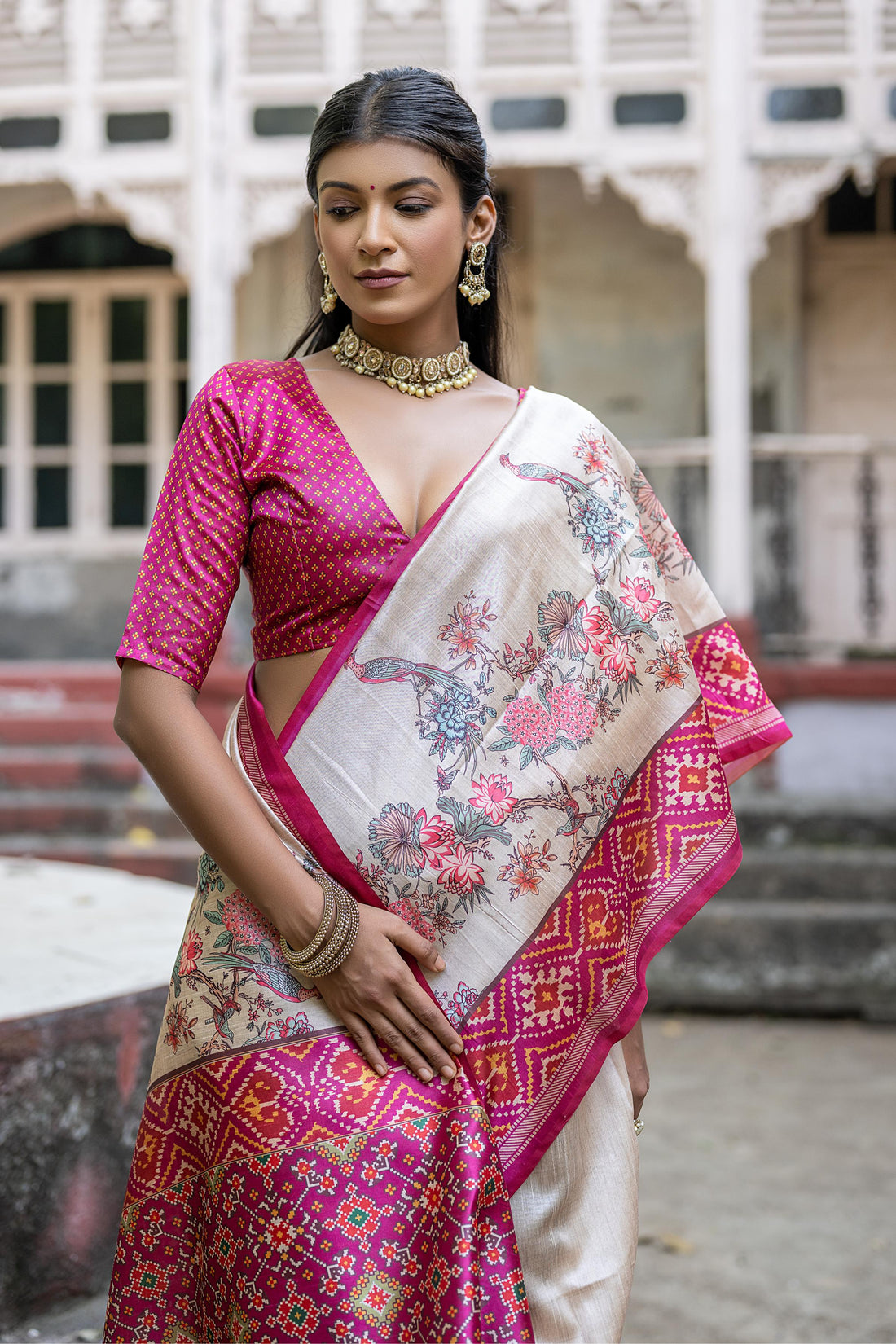 Soft Tussar Silk White Rani Pink Saree