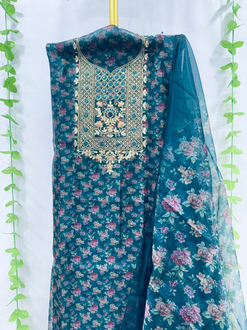 Soft Organza Dori And Gota Pati Firozi Suit