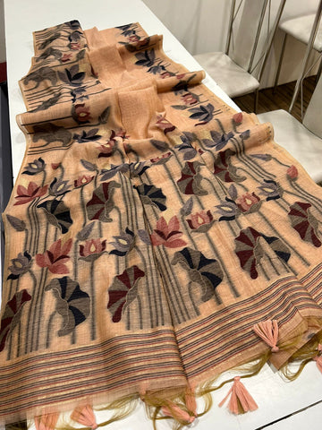 Premium Soft Muga Cotton Orange Saree