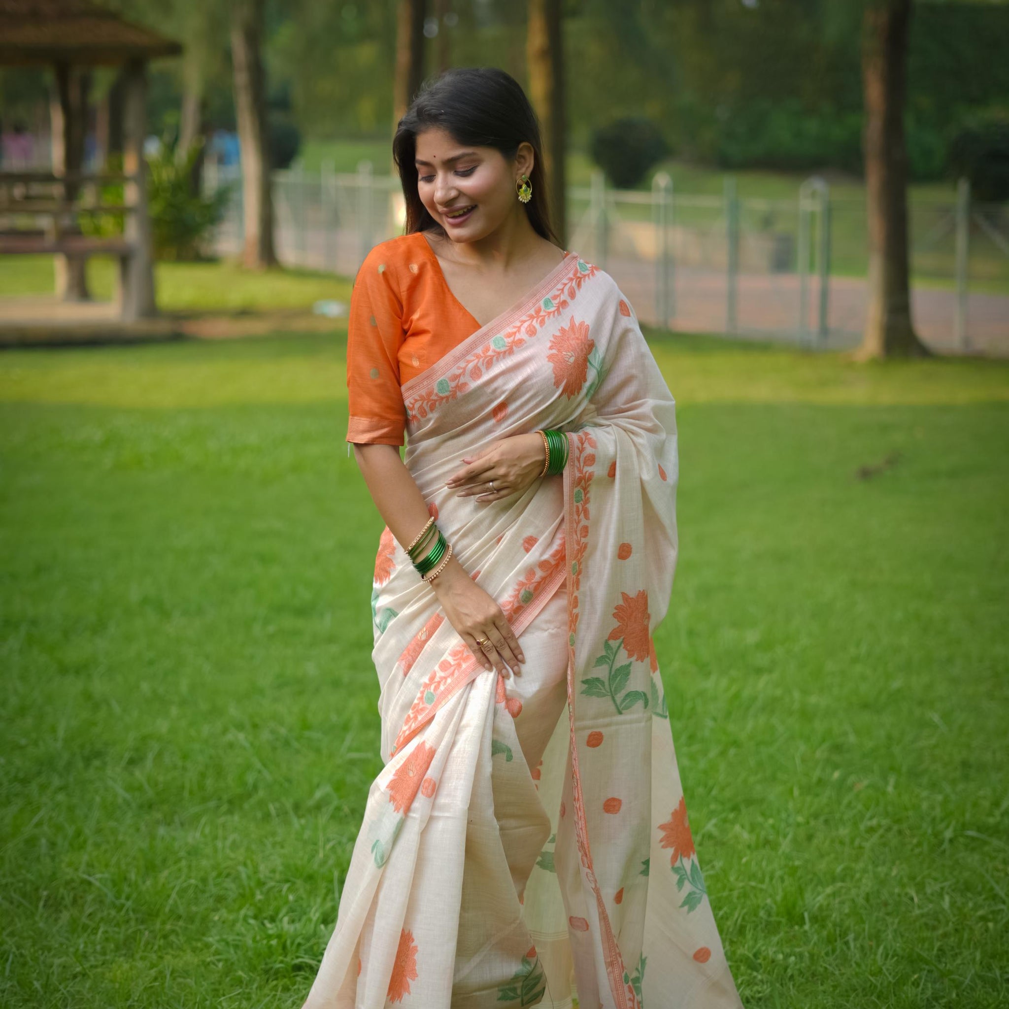 Premium Soft Muga Cotton White & Orange Saree With Blouse Piece