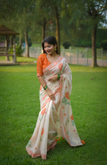 Premium Soft Muga Cotton White & Orange Saree With Blouse Piece