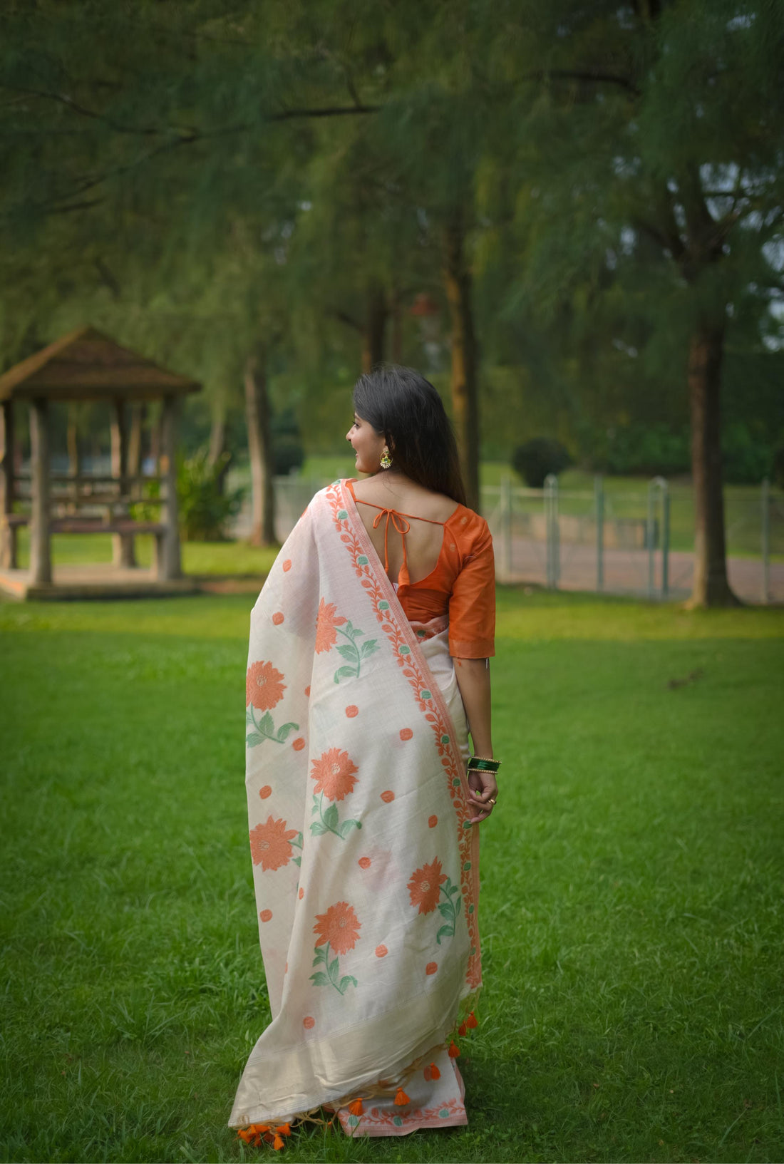 Premium Soft Muga Cotton White & Orange Saree With Blouse Piece
