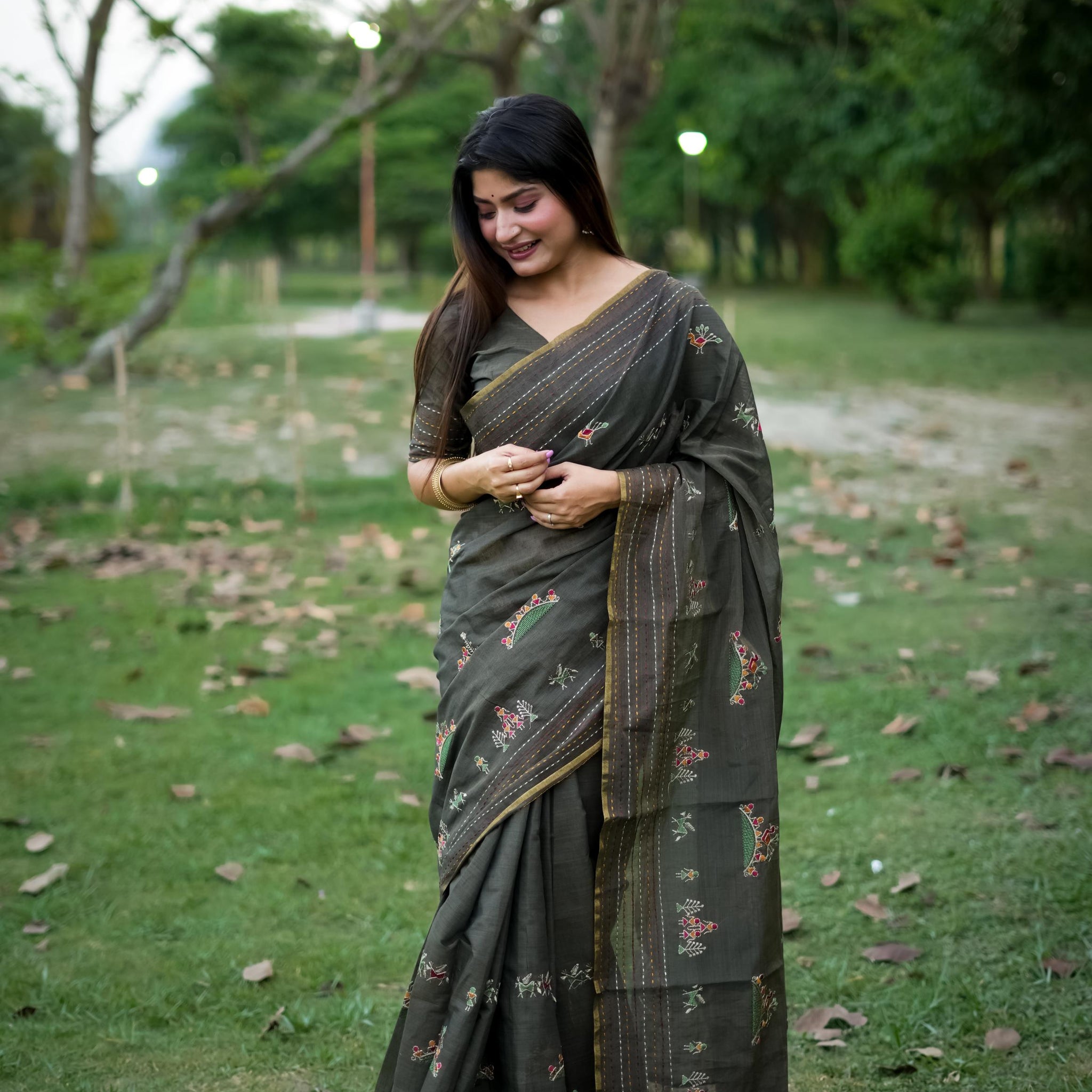 Premium Khadi Tussar Silk Dark Mehnadi Saree