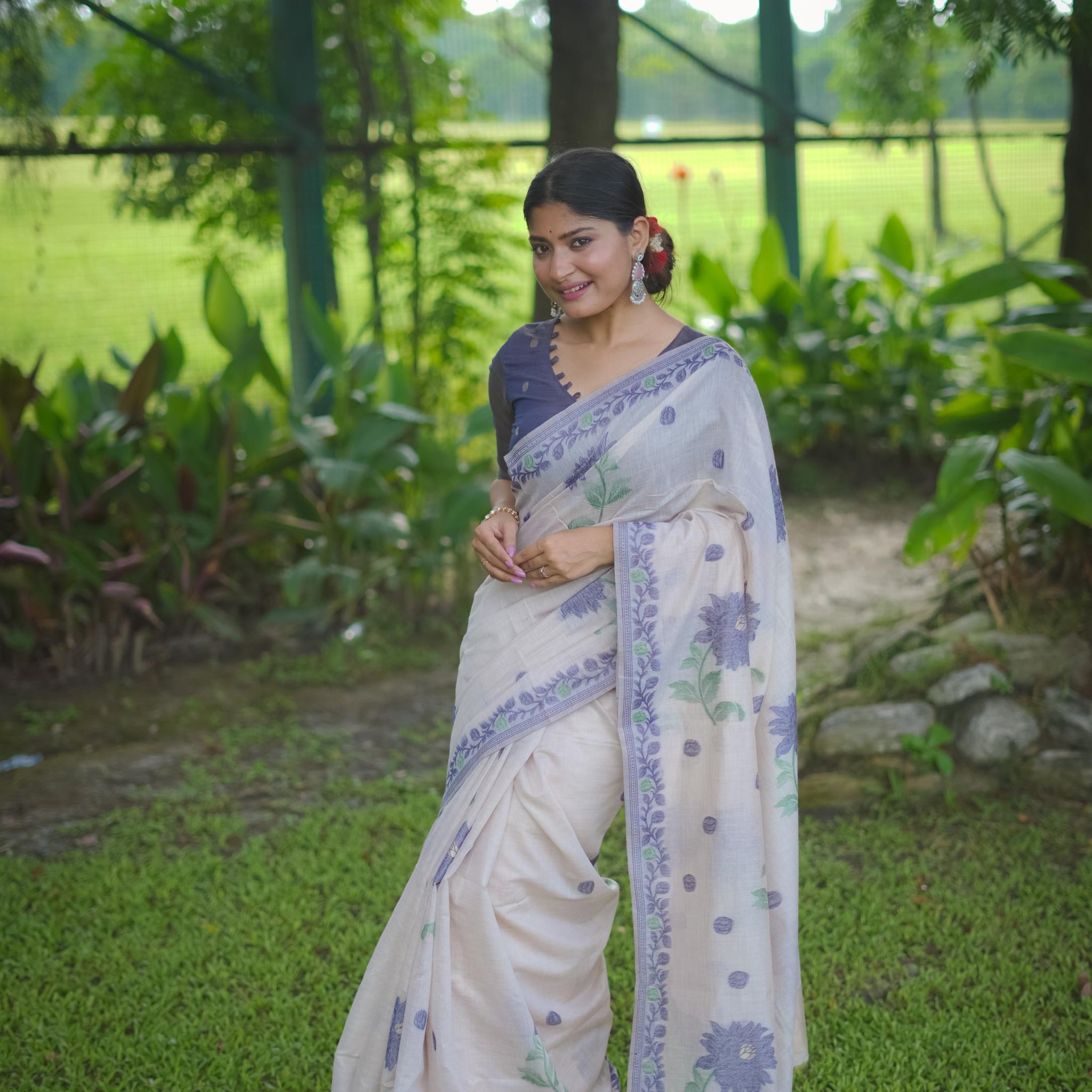 Premium Soft Muga Cotton White & Blue Saree With Blouse Piece