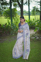 Premium Soft Muga Cotton White & Blue Saree With Blouse Piece