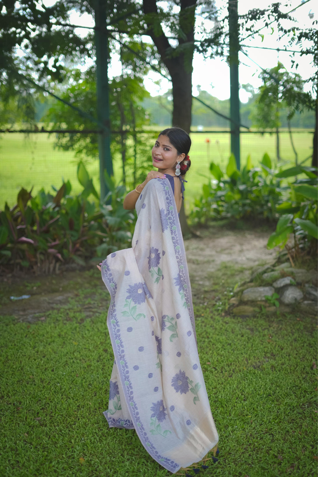 Premium Soft Muga Cotton White & Blue Saree With Blouse Piece