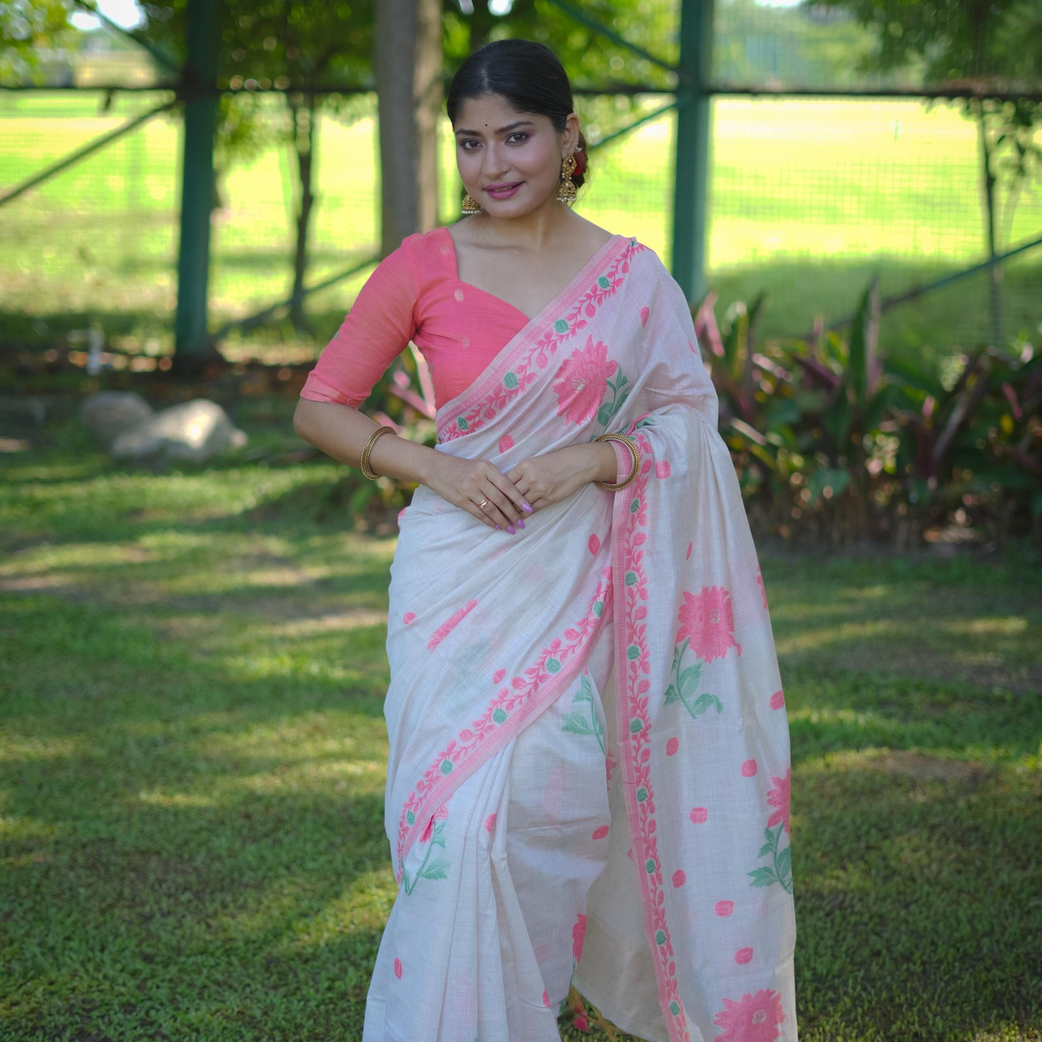 Premium Soft Muga Cotton White & Peach Saree With Blouse Piece