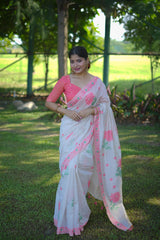 Premium Soft Muga Cotton White & Peach Saree With Blouse Piece