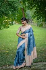 Soft Tussar Silk Blue Saree