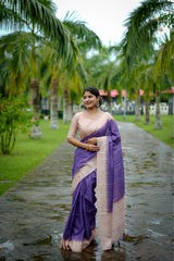 Soft Tussar Silk Purple Saree With Blouse Piece For Women
