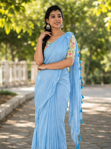 Sky Handloom Khadi Cotton Saree  Whith Flower  Embroidery  Blouse Piece